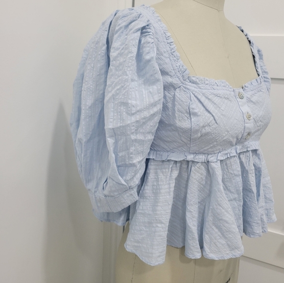 NWOT Free People Women's Ruffle Trim Puffy Sleeves Light Blue Crop Blouse Sz XS - Picture 4 of 13